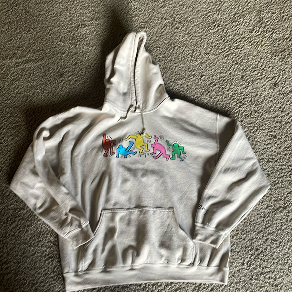 Keith Haring Hoodie Adult XL Biege Dancing Figures Pop Art Ripple Junction Mens